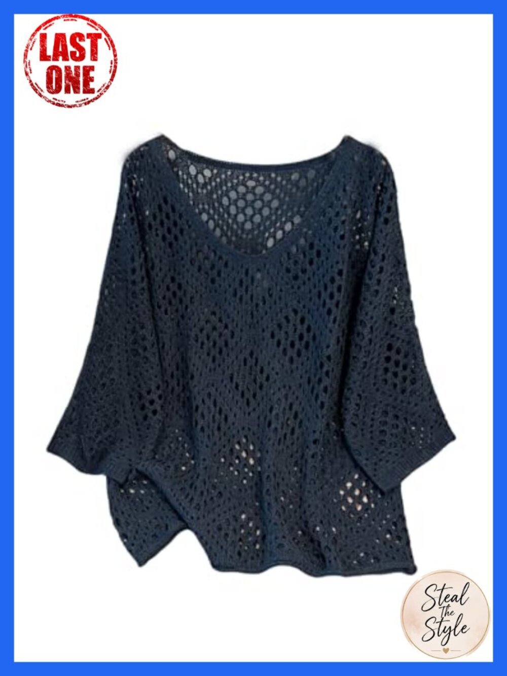 Plus Size Crochet Cover Up V-Neck 3/4 Sleeve Loose Knit Beach Sweater